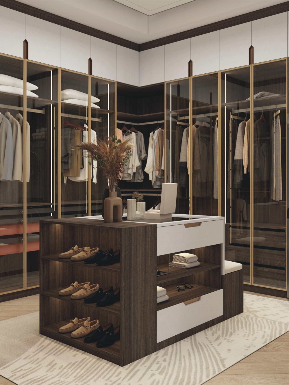 Luxury Glass Walk In Closet with Island featuring center drawers open shoe storage and glass wardrobes
