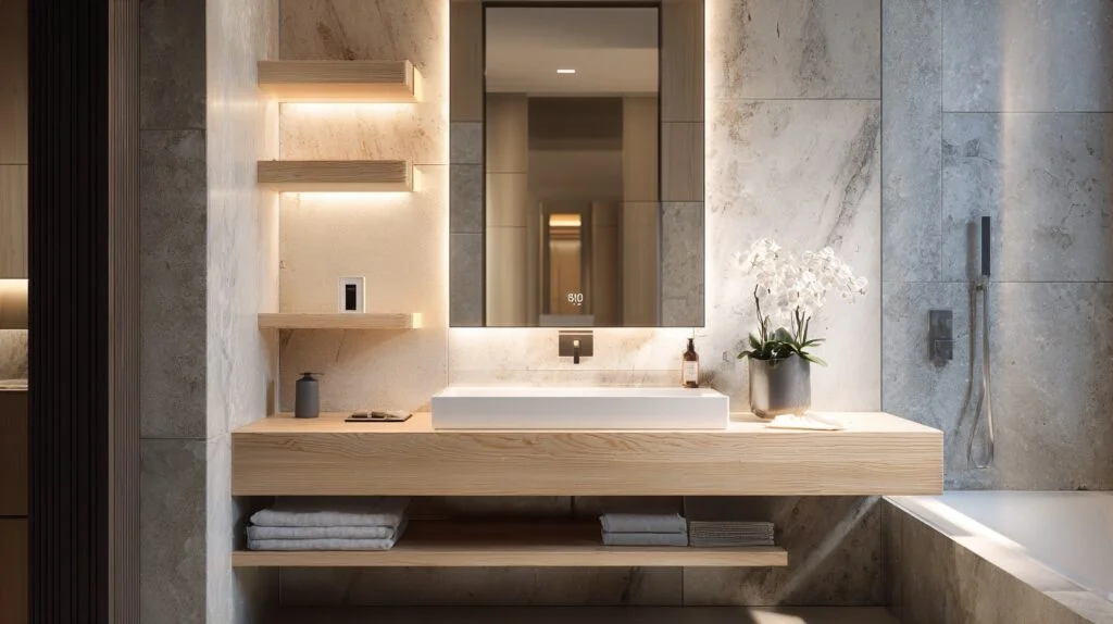 Maple bathroom vanity with a built-in light shelf, accompanied by a smart mirror featuring a clock, ideal for modern spaces.
