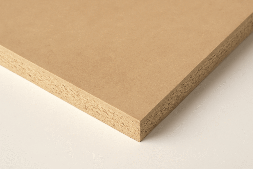 Close-up of MDF section showcasing its smooth surface and fine texture, a popular material for cabinetry and furniture.