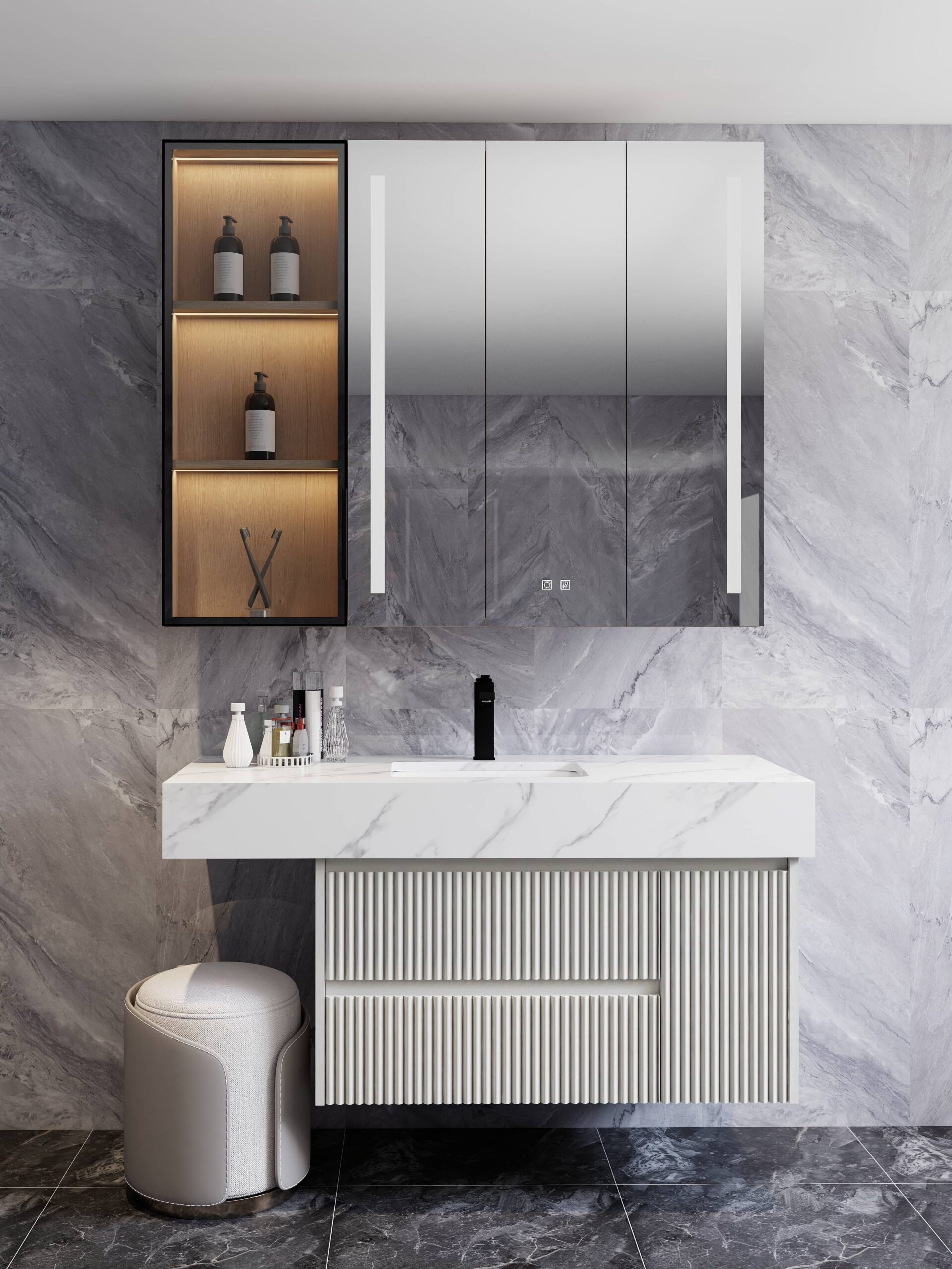 Hotel bathroom cabinets with LED mirror and fluted vanity in a marble wall setting