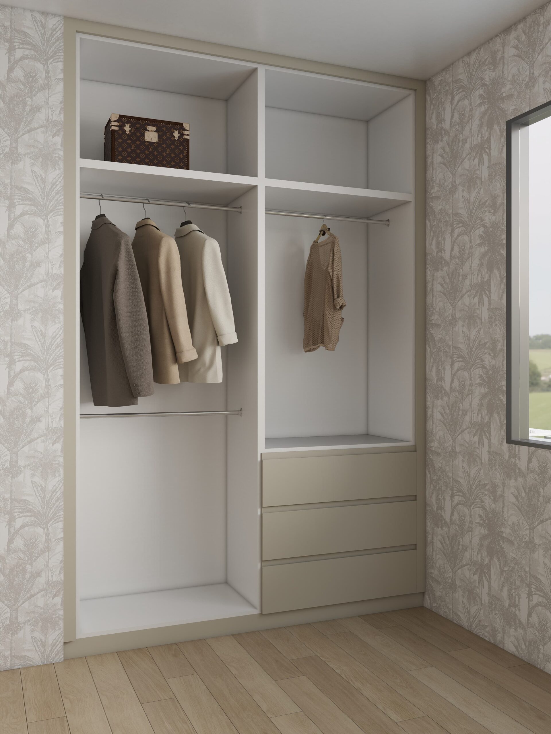 Modern Beige Hinged Door Wardrobe with Drawers and Full Height Hanging Section