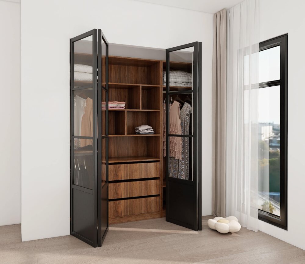 Corner wooden wardrobe with black glass doors open to show folded clothes and hanging garments