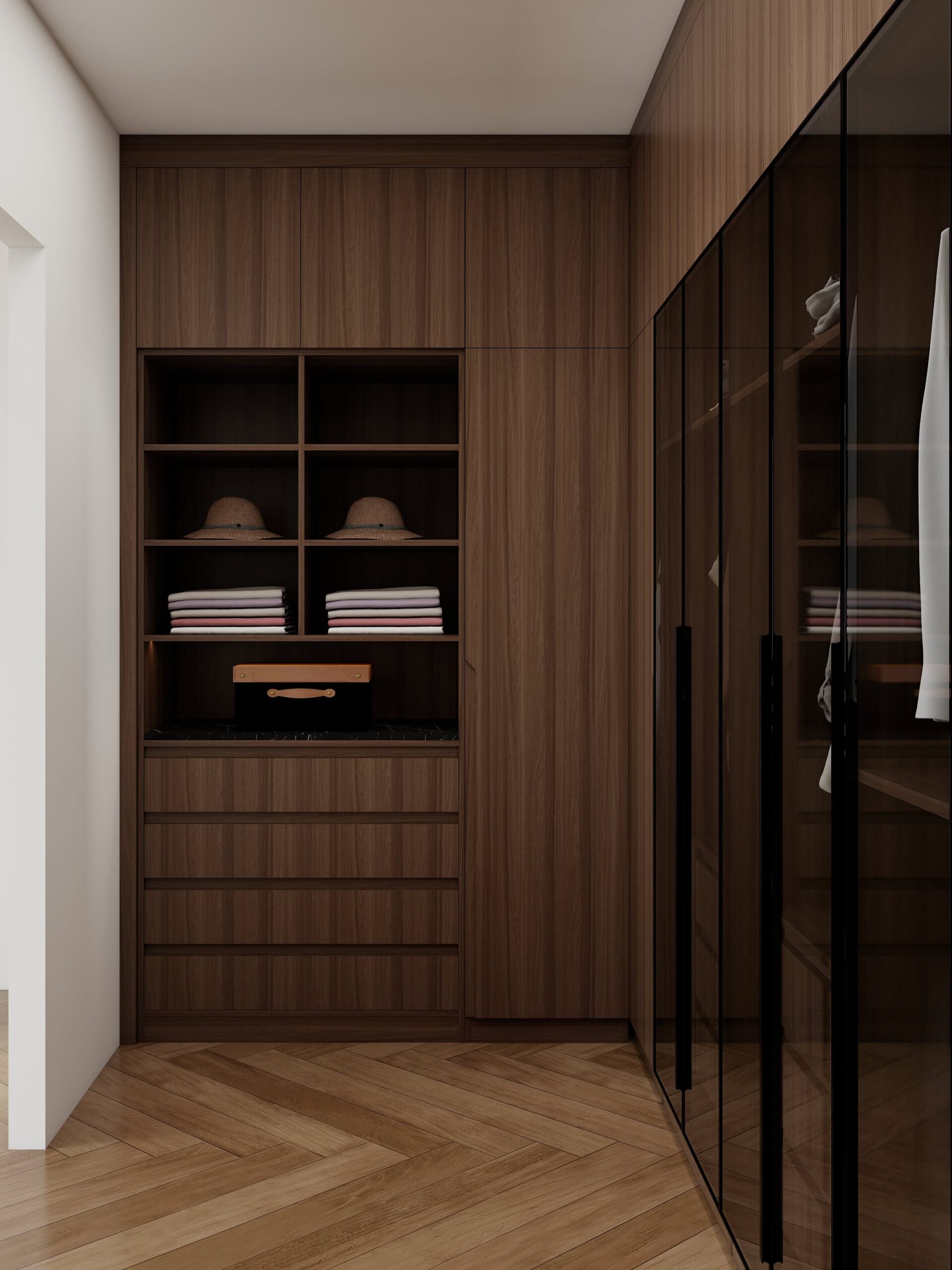 Modern Walnut Walk In Closet with Glass Doors and side drawer storage with open shelving