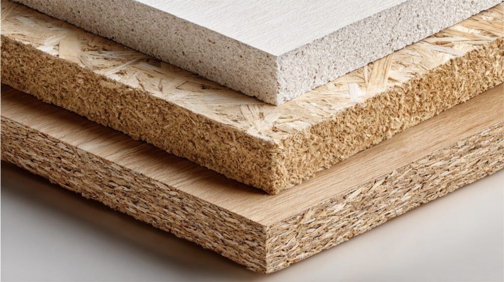 Close-up of particle board with its textured surface, often compared to plywood for furniture and construction materials.
