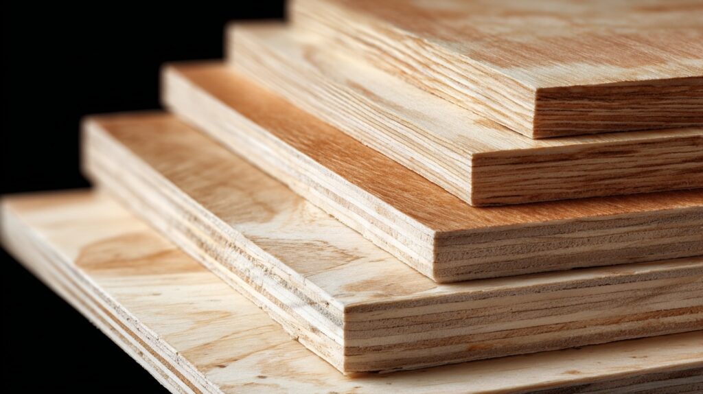 A close-up of plywood showing its layered structure, a durable material used in furniture making, flooring, and cabinetry.