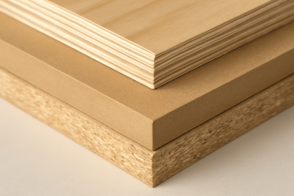 Comparison of plywood, MDF, and particle board highlighting differences in construction, texture, and use in furniture making.