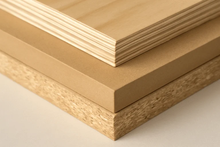 Comparison of plywood, MDF, and particle board highlighting differences in construction, texture, and use in furniture making.