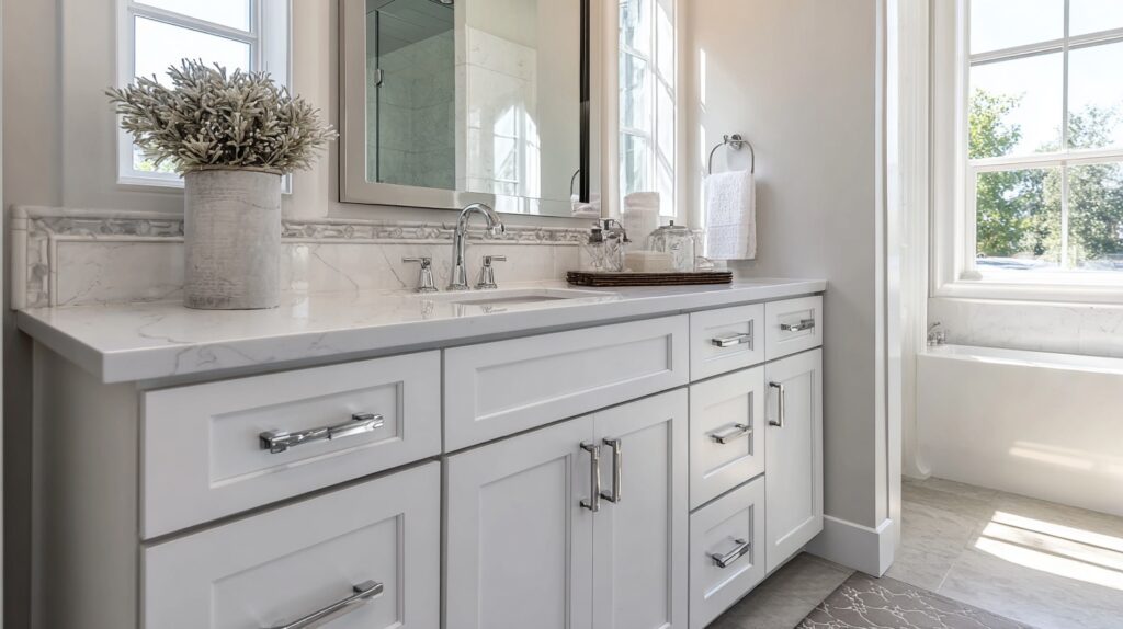 White bathroom vanity with silver handles, creating a fresh, clean look in the bathroom space.