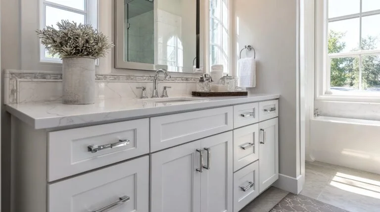 Blog 3 White bathroom vanity with silver handles, creating a fresh, clean look in the bathroom space.