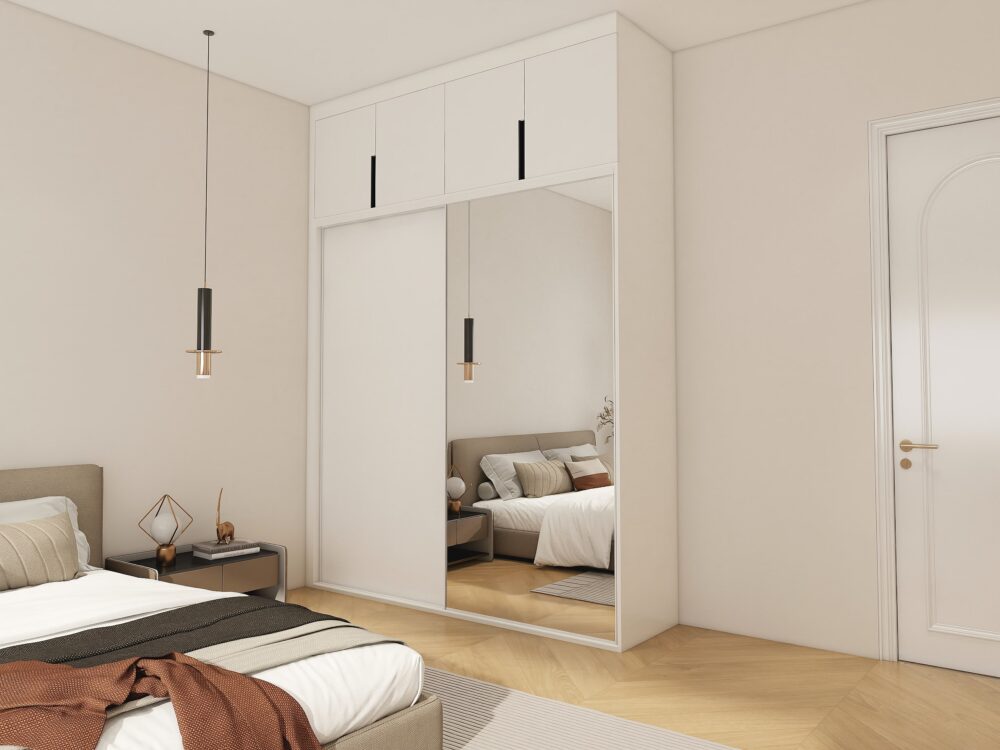 White Sliding Door Mirror Wardrobe with minimalist design reflects a cozy bedroom interior