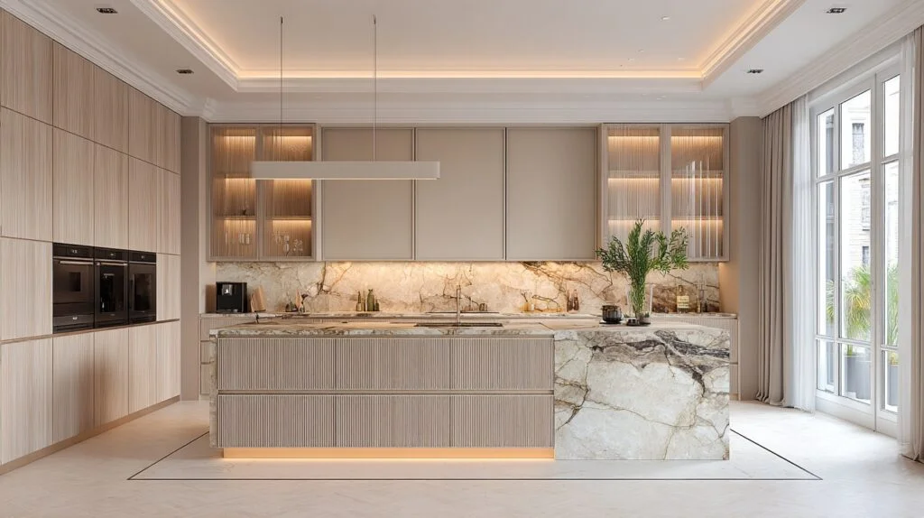 Wood tone luxury kitchen cabinets with marble countertops in a neutral kitchen design