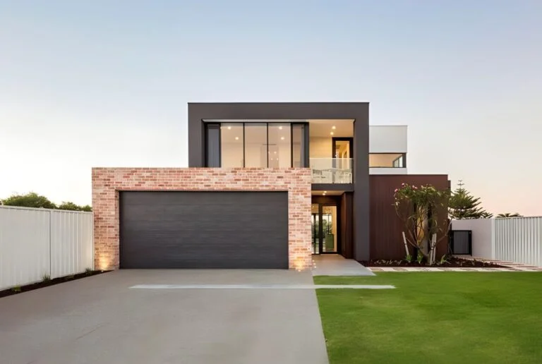 Aluminum garage door in dark color with simple design, paired with a modern brick wall for a contemporary look.
