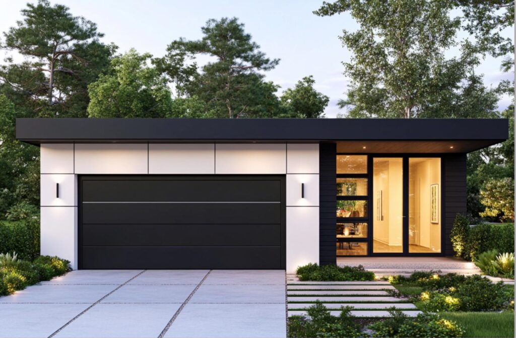 Modern aluminum garage door with black finish, clean lines, and minimalistic design, ideal for contemporary homes.