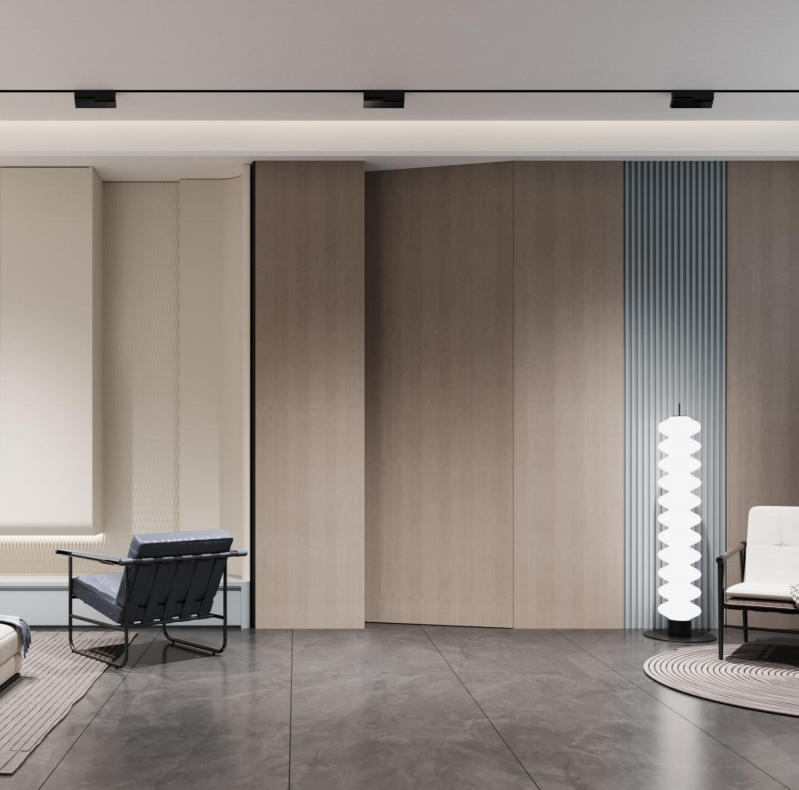 Invisible interior door with wood grain finish for a natural, modern aesthetic