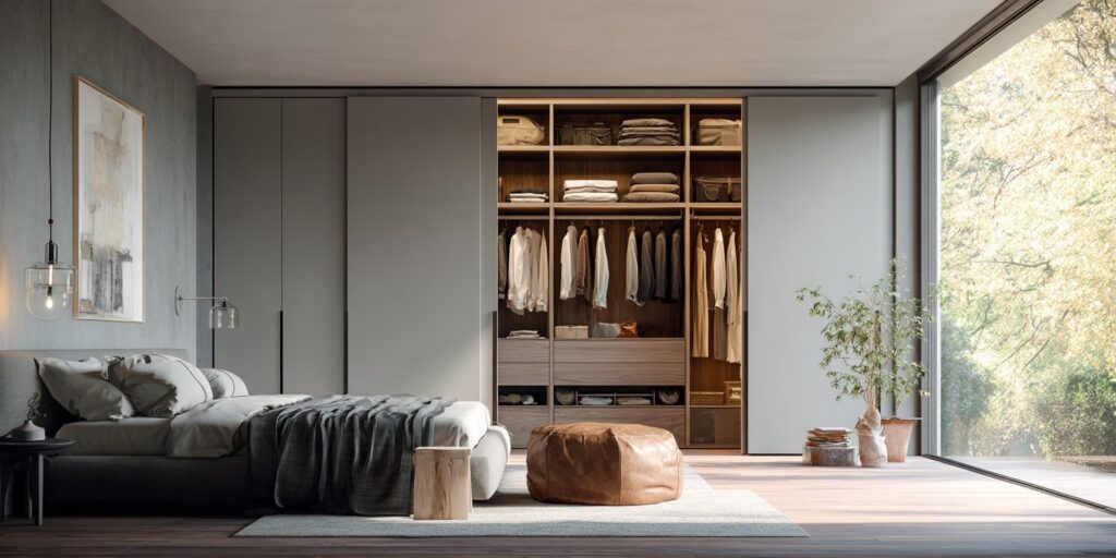 Bedroom design featuring an invisible closet door opening into a walk-in wardrobe with organized shelves.