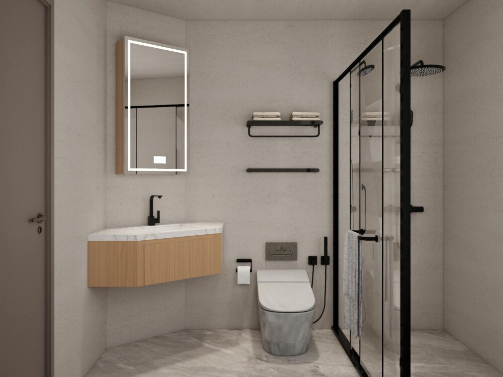 Compact corner bathroom vanity with wood finish, white countertop, and square mirror