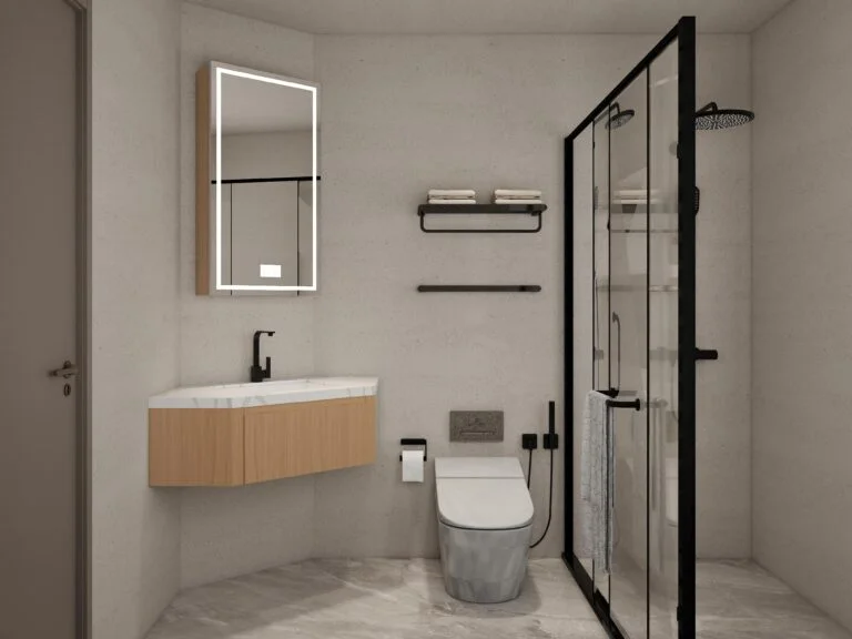 Compact corner bathroom vanity with wood finish, white countertop, and square mirror