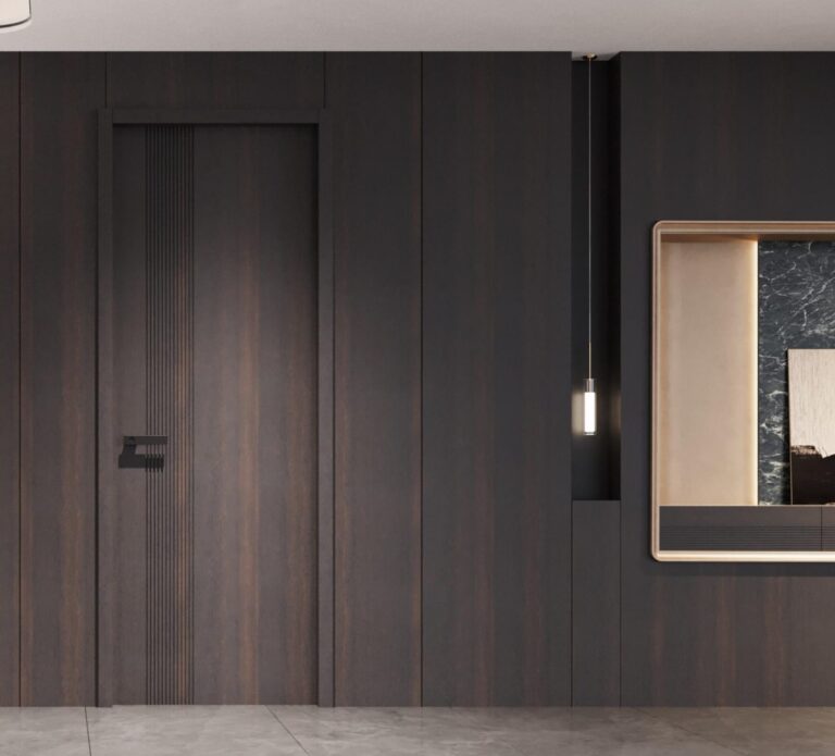 Dark wood ecological interior flat door with vertical groove detailing