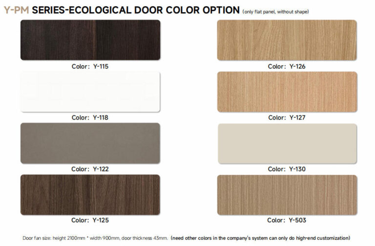 Ecological interior door color options in flat panel finishes from white to dark wood tones