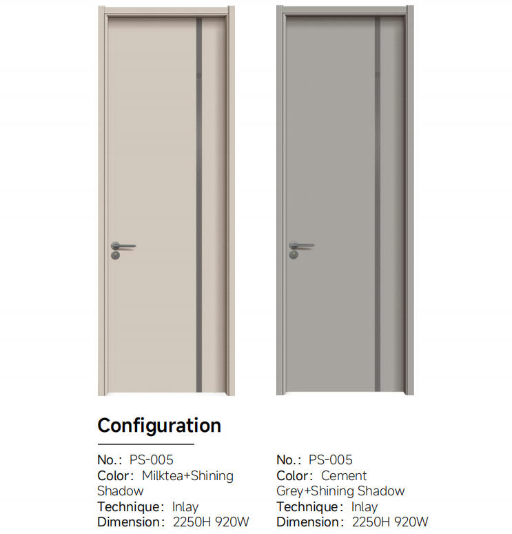 Modern Ecological Flush Interior Door With Inlay 2 Interior doors with vertical metal inlay in milk tea and cement gray colors, laminated engineered wood construction.