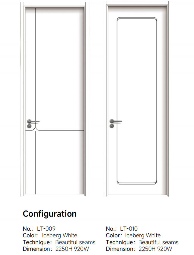 Iceberg white interior doors with elegant seam details and soft radius trims, laminated engineered wood.
