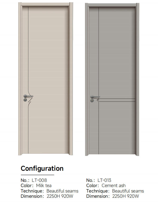 Interior doors in milk tea and cement ash with decorative seam lines, laminated engineered wood construction.