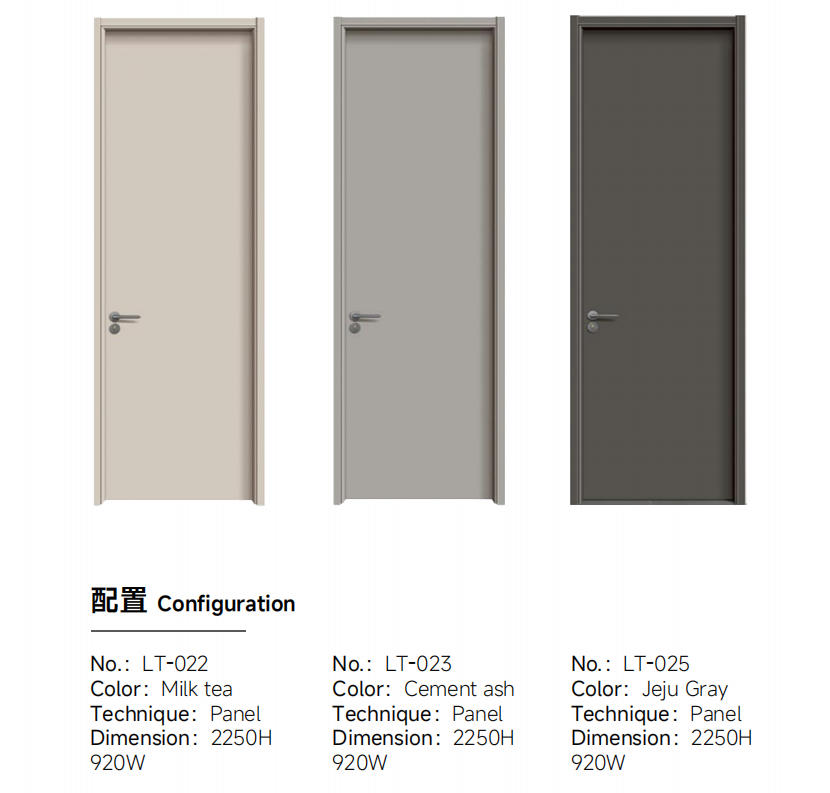 Elegant Interior Door with Panel Design and Beautiful Seams 2 Neutral panel interior doors in milk tea, cement ash and Jeju gray finishes, laminated engineered wood with flat panels.