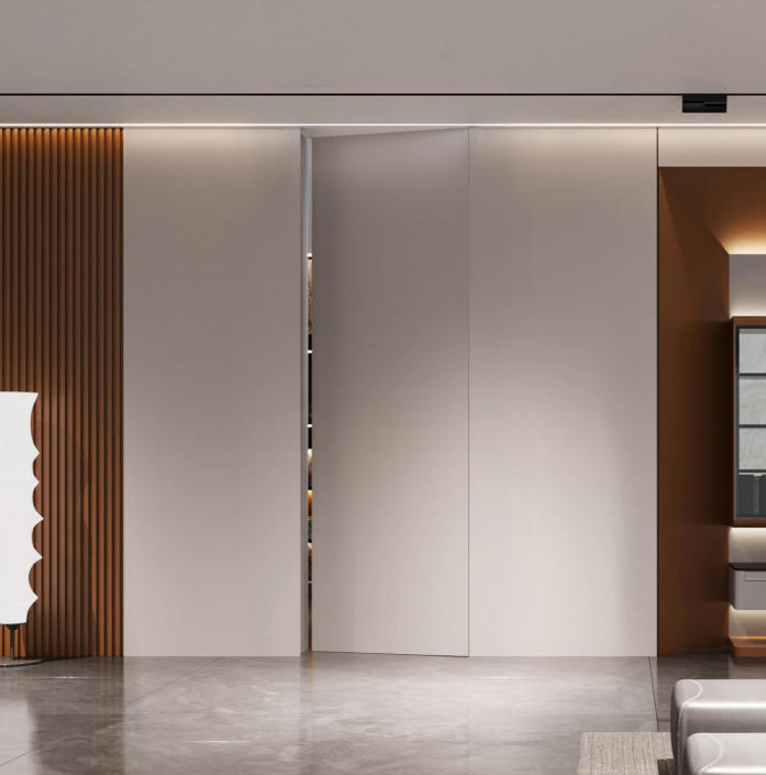 Invisible interior door with a matte lacquered finish for a subtle, sophisticated appearance