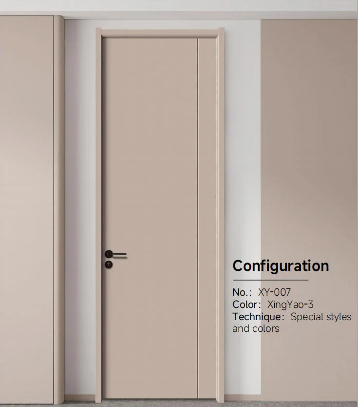Warm beige flush laminate door with side reveal detail, flat pressure lamination on engineered wood core for modern interiors.