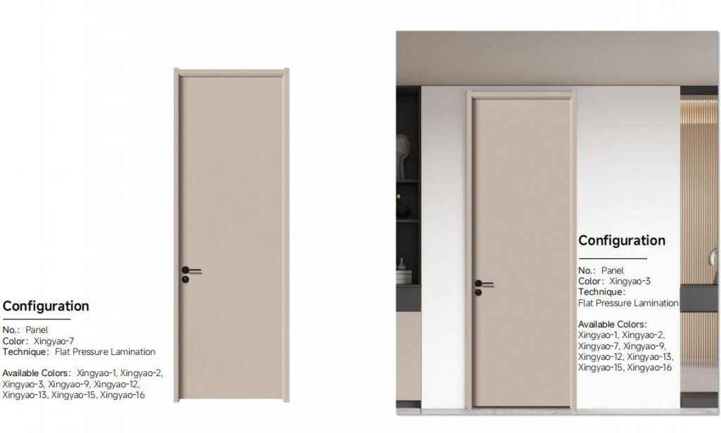Light taupe minimalist panel laminate door with smooth surface and flat pressure lamination for sleek interior spaces.