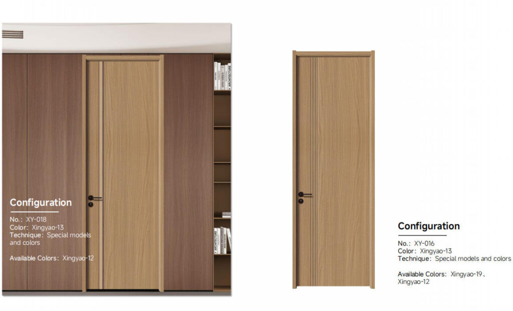 Oak woodgrain laminate door with slim vertical groove, flat pressure lamination for a contemporary interior look.