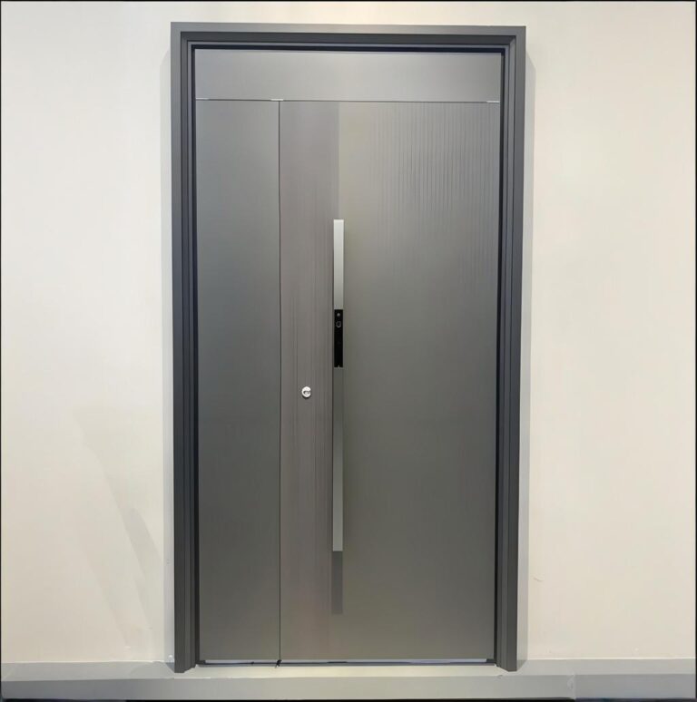 Stainless Steel Entry Door 4 Modern stainless steel entry door in light grey aluminum with sleek handle and minimalist design