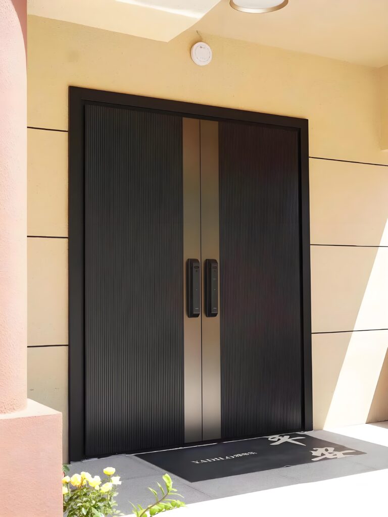 Stainless Steel Entry Door 5 Double stainless steel entry door in black aluminum with vertical stripe design and modern handles