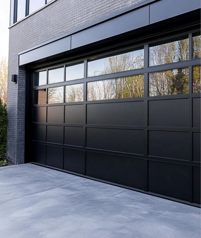 Foam board insulation garage door with a black finish and modern panel design.