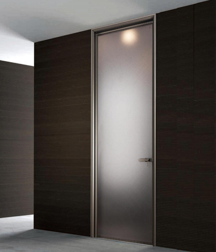 Sleek aluminum bathroom glass doors with full frosted glass panel in a modern dark-toned hallway.