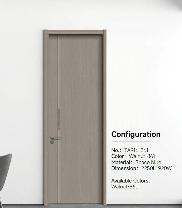 Minimalist interior door in walnut tone with fine vertical groove and laminated ecological finish for contemporary spaces.