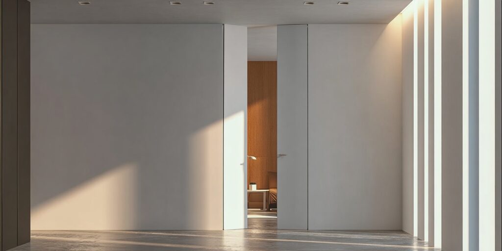 Minimalist hallway with seamless wall panels featuring a hidden invisible door design.