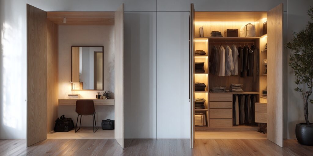 Modern bedroom with invisible doors revealing a hidden home office and wardrobe storage.