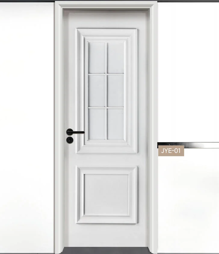 White lacquer interior door with panel design, made of WPC material.