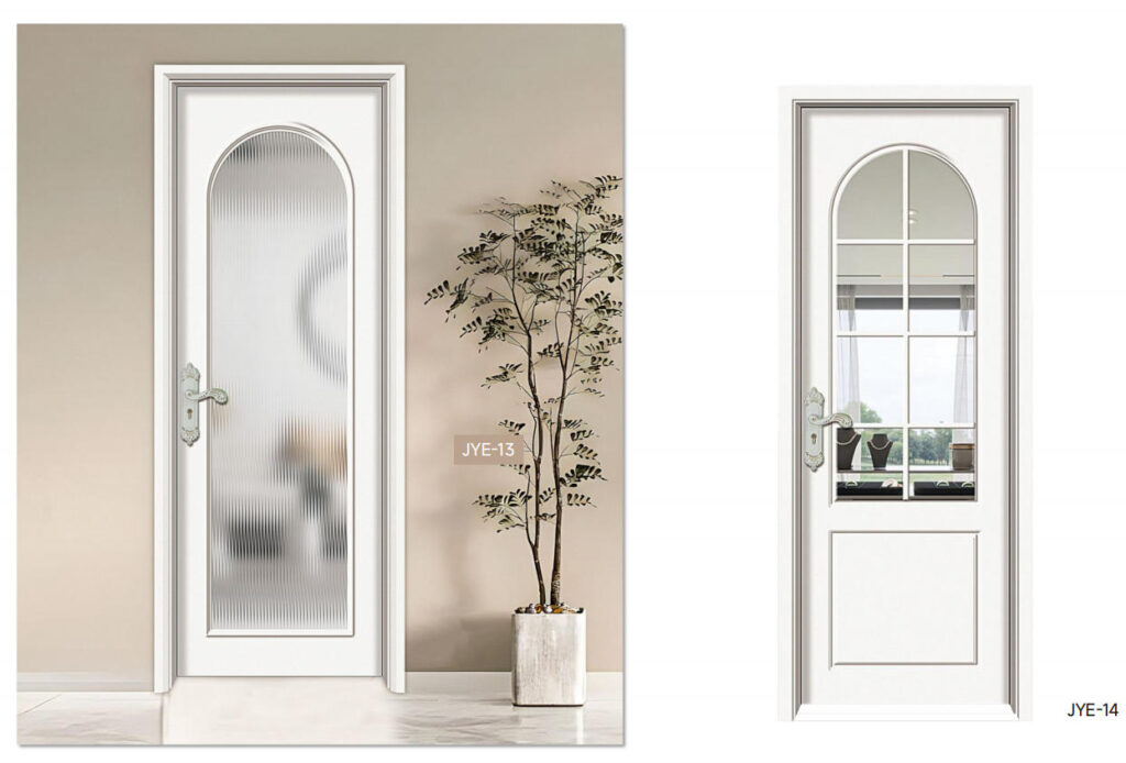 WPC interior door with clear and frosted glass panels, sleek lacquer finish, modern design.