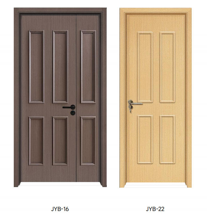 Brown WPC double-leaf 6panels door and single leaf 4 panels door in light oak tone with panel design