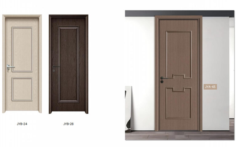 Laminating Decorative Line Panels Door 3 WPC interior doors in dark and light wood tones with classic and geometric engravings