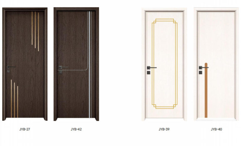 Laminating Decorative Line Panels Door 2 WPC doors with embedded gold line, metal strips, and artistic minimal design