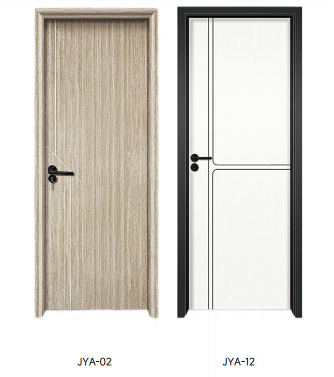 Light sand interior WPC doors with vertical grain and sleek angled groove design