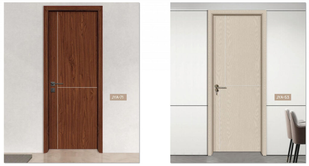 Dark wood and light tone interior wpc doors with minimalist white groove lines for modern living room and bedroom spaces