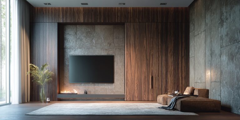Modern living room with wood panel wall featuring an invisible door blending seamlessly with TV background.