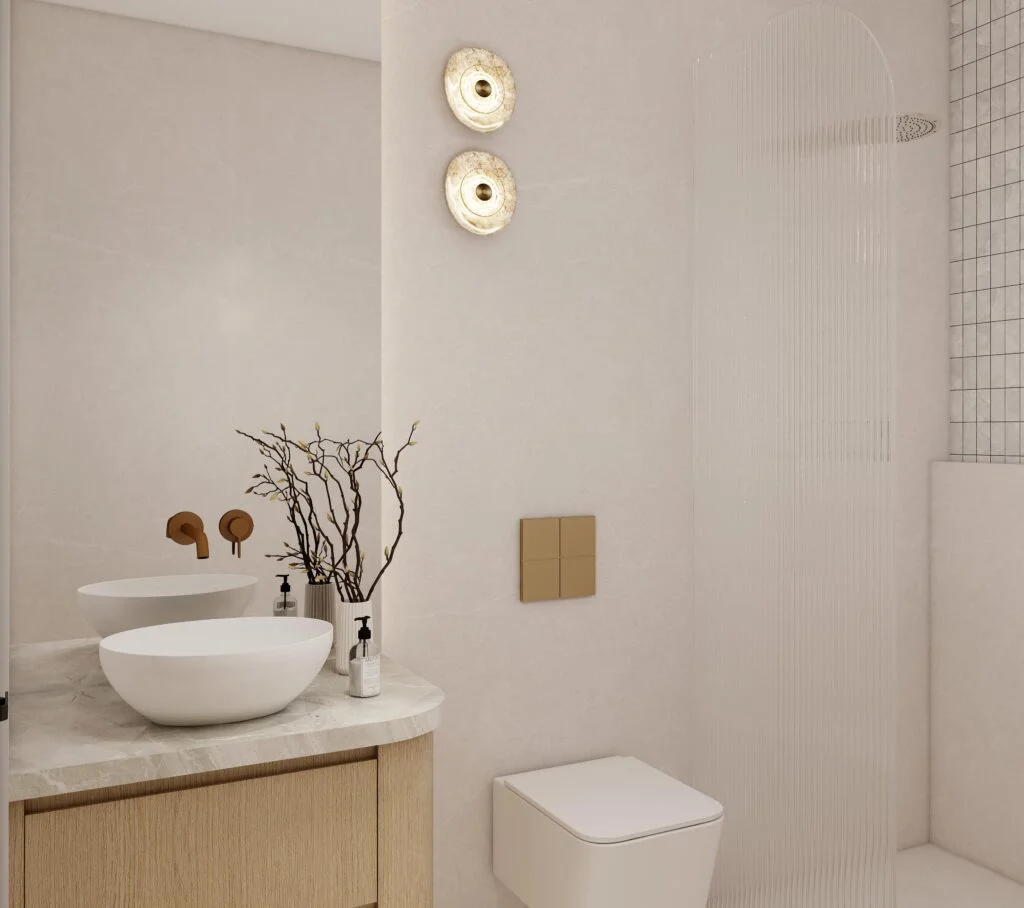 Minimalist bathroom vanity with light wood, arc edge design, grey countertop, and round sink, different angle view