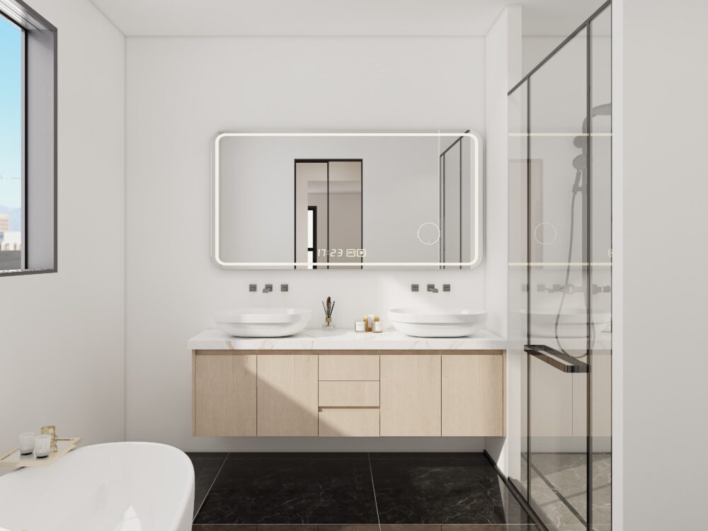 Modern bathroom vanity in oak wood with double sinks and backlit mirror