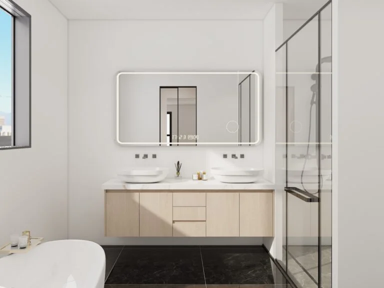 Modern bathroom vanity in oak wood with double sinks and backlit mirror