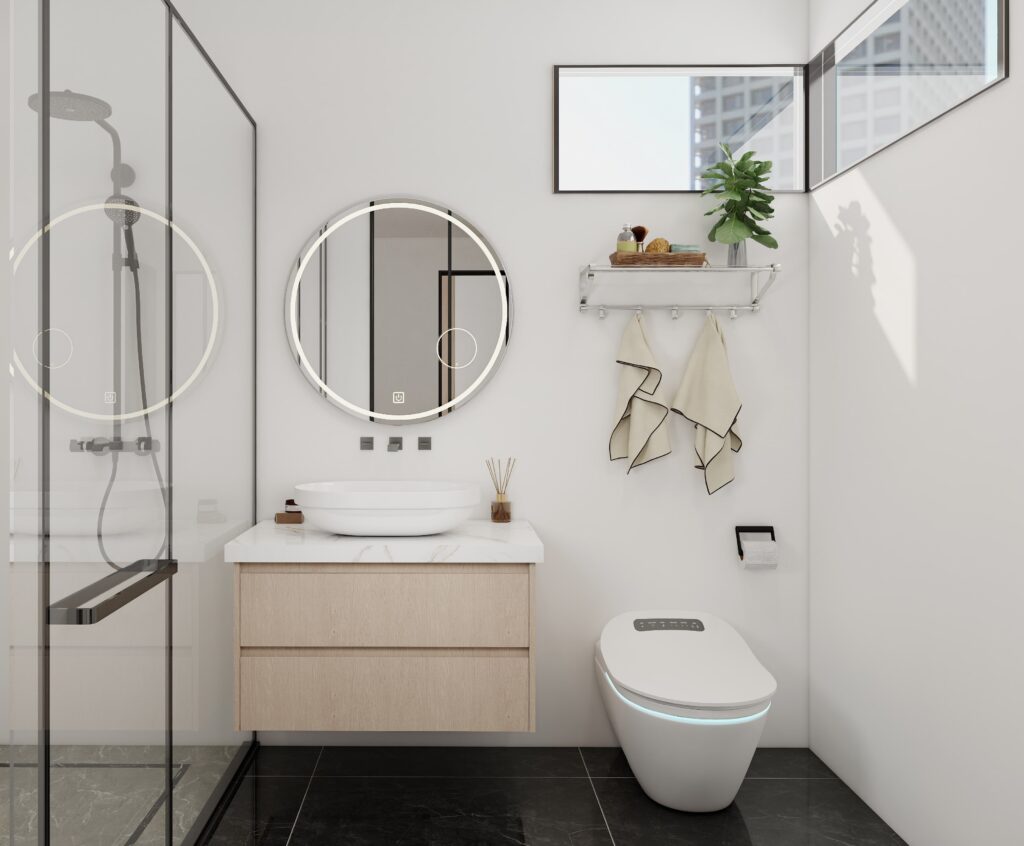 Minimalist bathroom vanity in oak wood with a single sink and circular mirror
